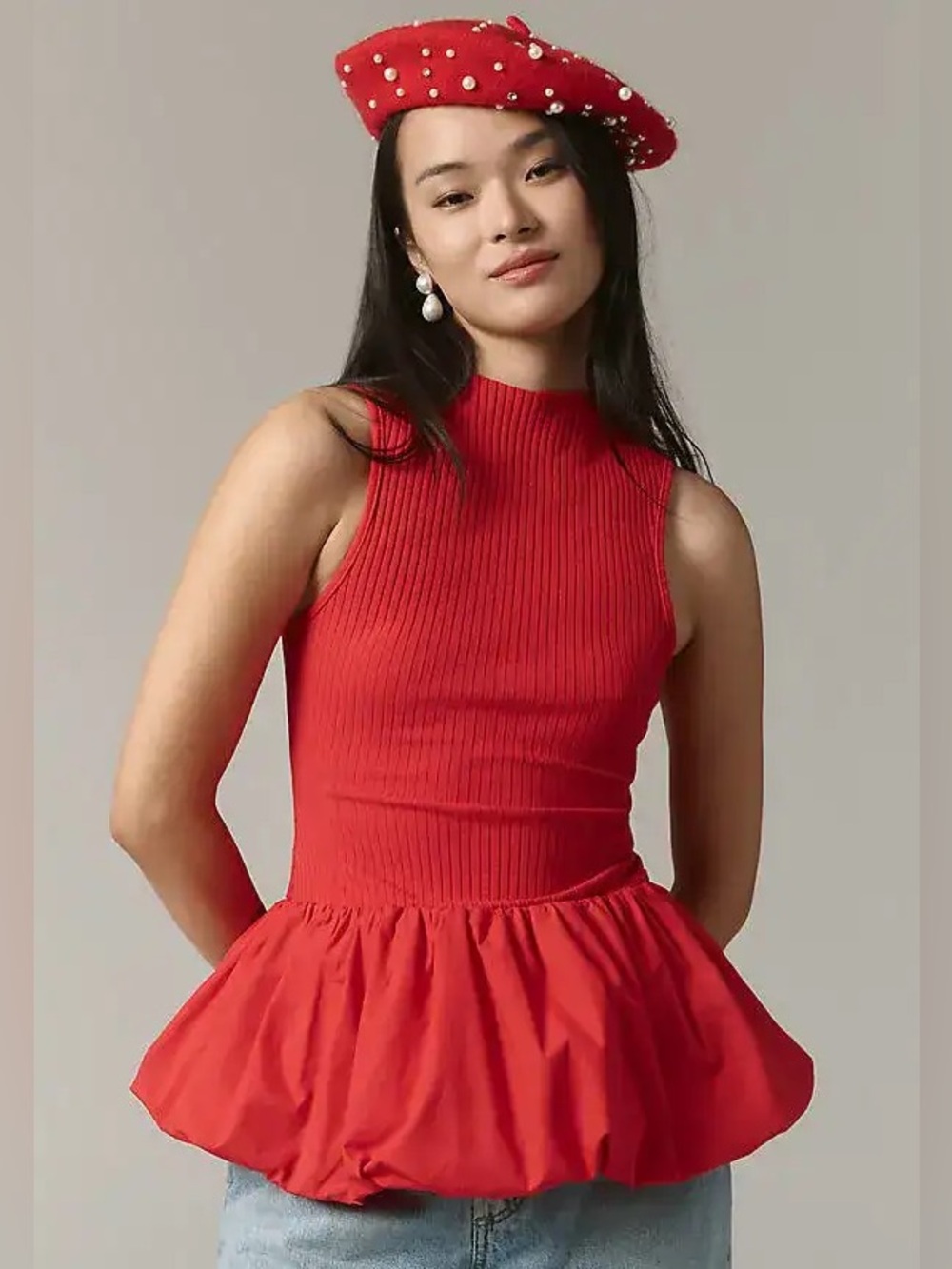 Maeve Bubble Peplum Top with High Neck